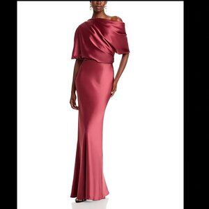 Amsale Draped Satin One-Shoulder Gown Dress — Size 12, Cayenne,